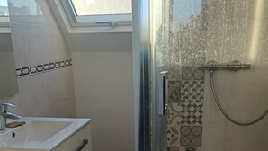 Une salle de bain avec un puits de lumière, un lavabo, une douche et des toilettes.