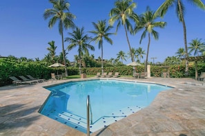 A swimming pool with lounge chairs and palm trees. - Kick back and enjoy beautiful ocean views of Keauhou Bay from Kanaloa 3503. You'll enjoy the conveni (KAILUA-KONA)