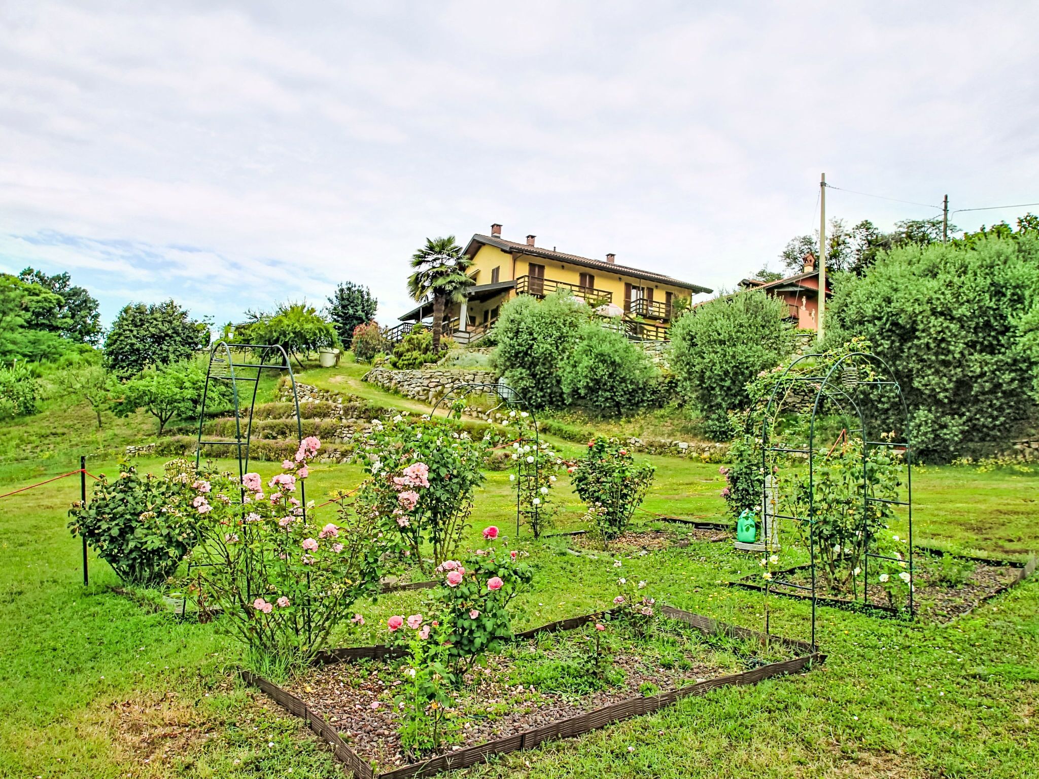 A rural house with a garden, including rose bushes and a vegetable patch.