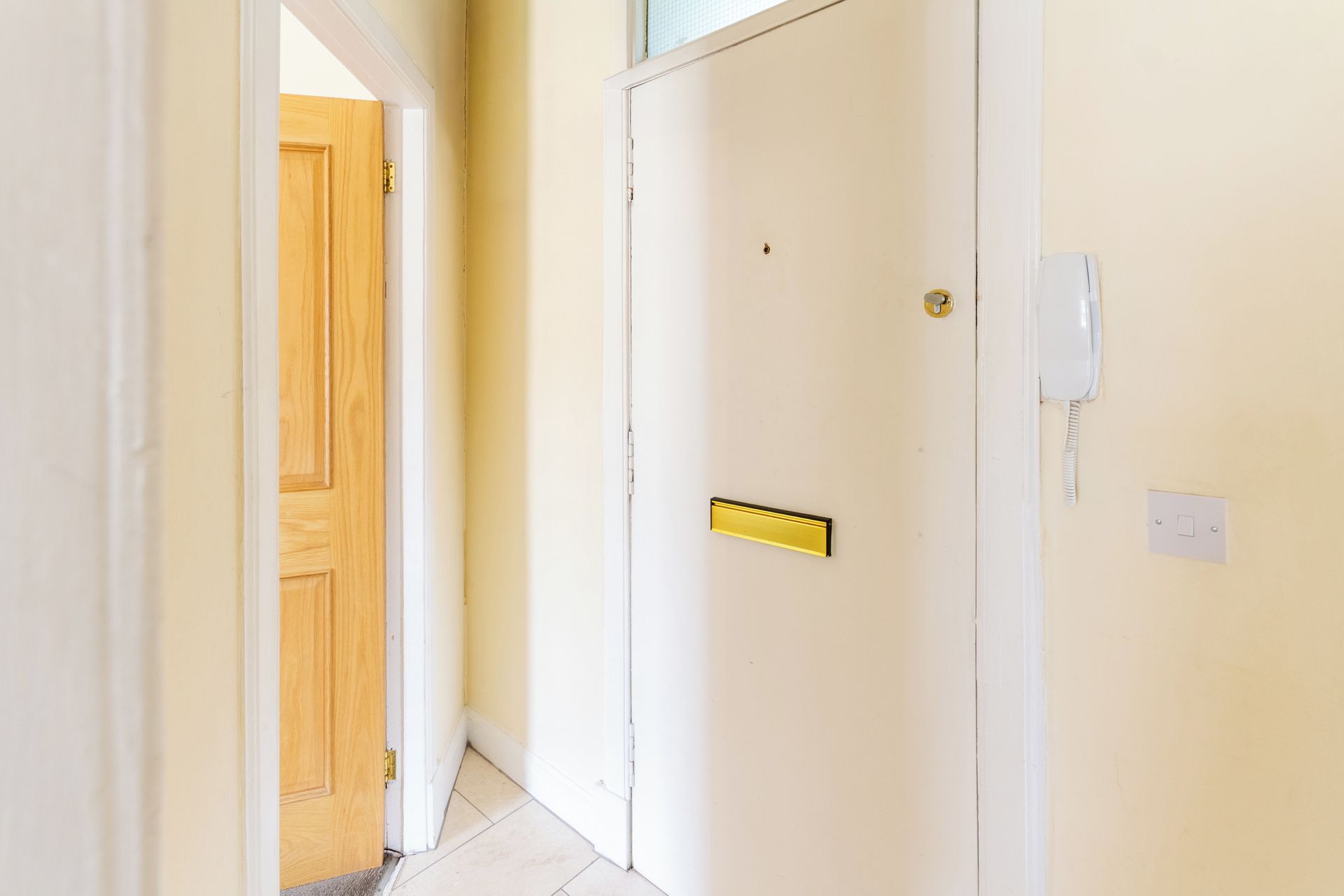 A hallway with a wooden door, a white door with a gold handle, and a white wall with a phone and a light switch.