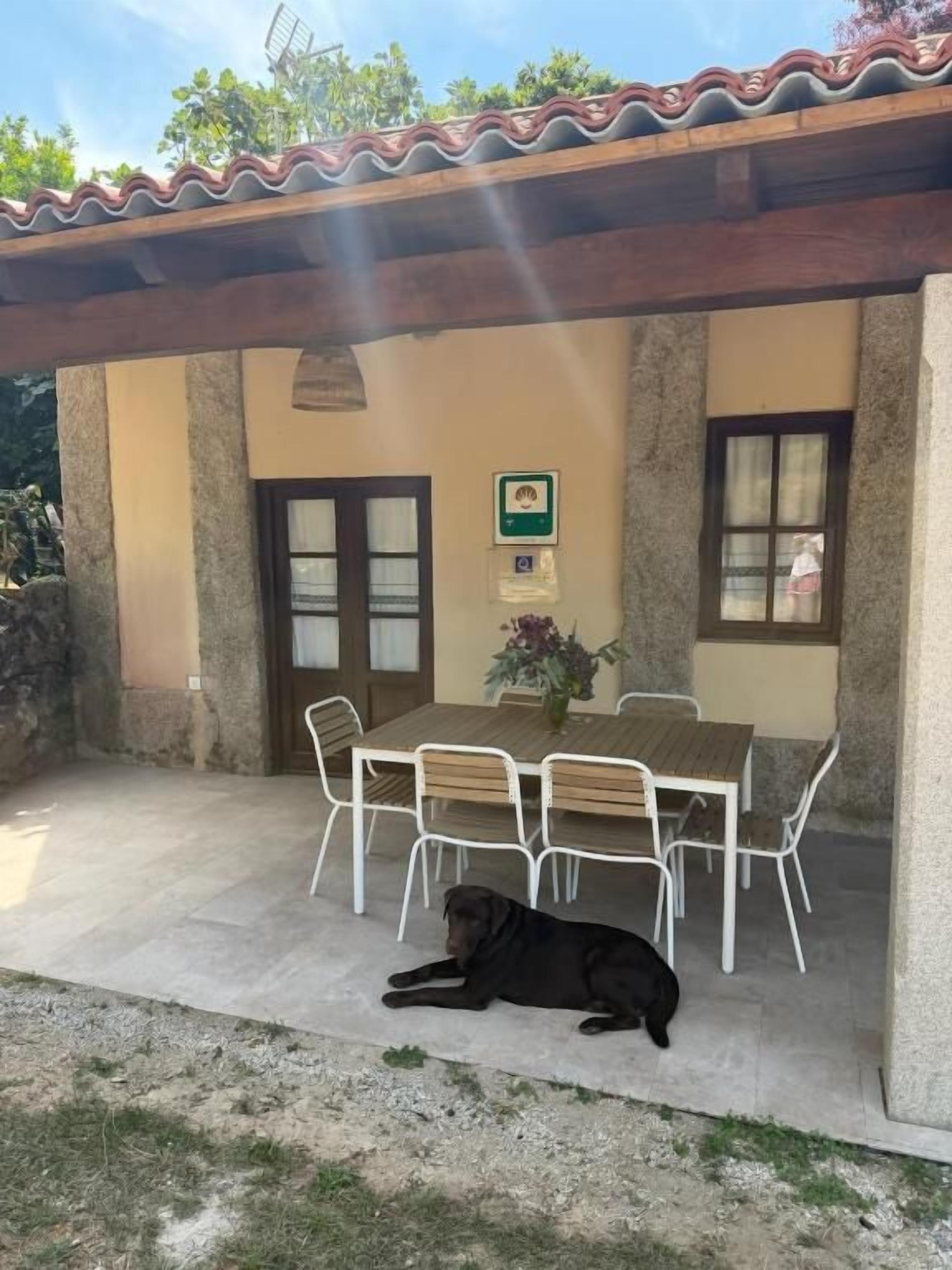 Un área de estar al aire libre techada con una mesa y sillas, un perro acostado en el suelo y un edificio con techo de tejas.