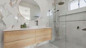 Hair dryer, towels, soap, shampoo