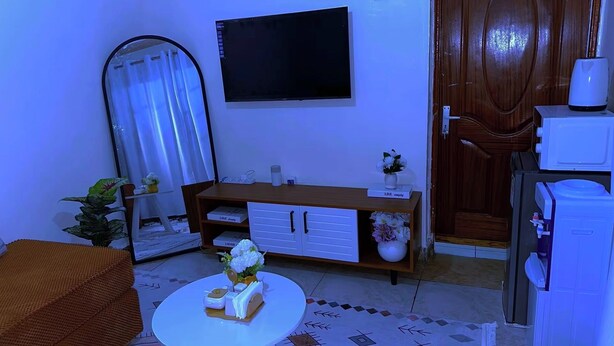 A room with a TV, a mirror, a wooden cabinet, a white table with a vase, and a door.