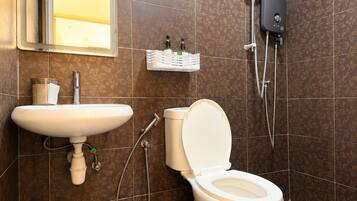 Shower, hair dryer, bidet, towels