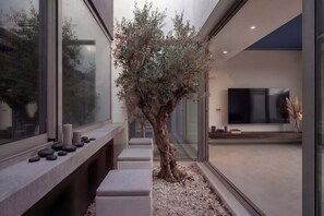 Ein modernes Interieur mit einem Baum, Steinsitzen und einem Flachbildfernseher.