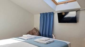 A bedroom with a skylight, a bed, a TV, and a window with curtains.