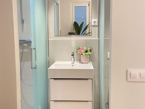 A bathroom with a shower, a sink with a mirror, and a potted plant. - Chic Madrid Central Apartment (Madrid)