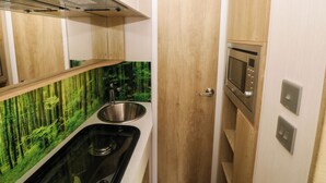 A compact kitchen with a stainless steel sink, a microwave, and a stove. - Cwtch (Kidwelly)