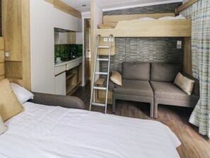 A bunk bed with a ladder, a sofa, and a small kitchenette. - Cwtch (Kidwelly)