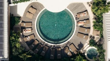 Una piscina circular con sillones de descanso y palmeras.