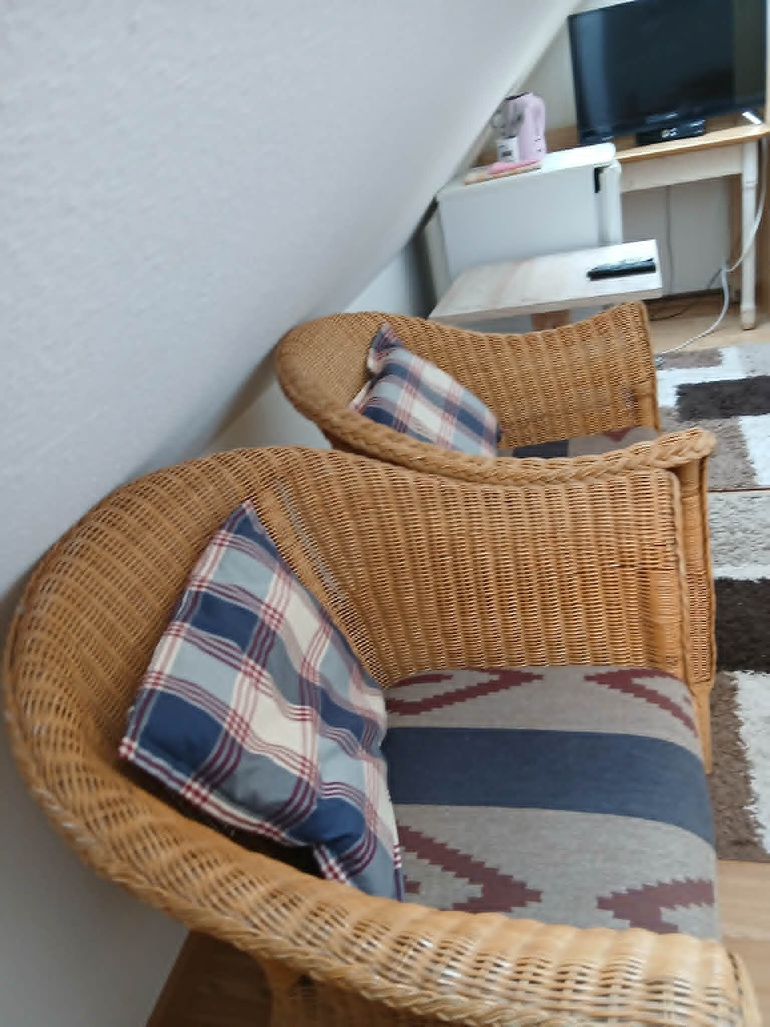 A wicker sofa with plaid cushions, a television on a stand, and a patterned rug on the floor.