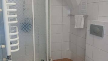 Un baño con ducha de vidrio, inodoro blanco y toallero.