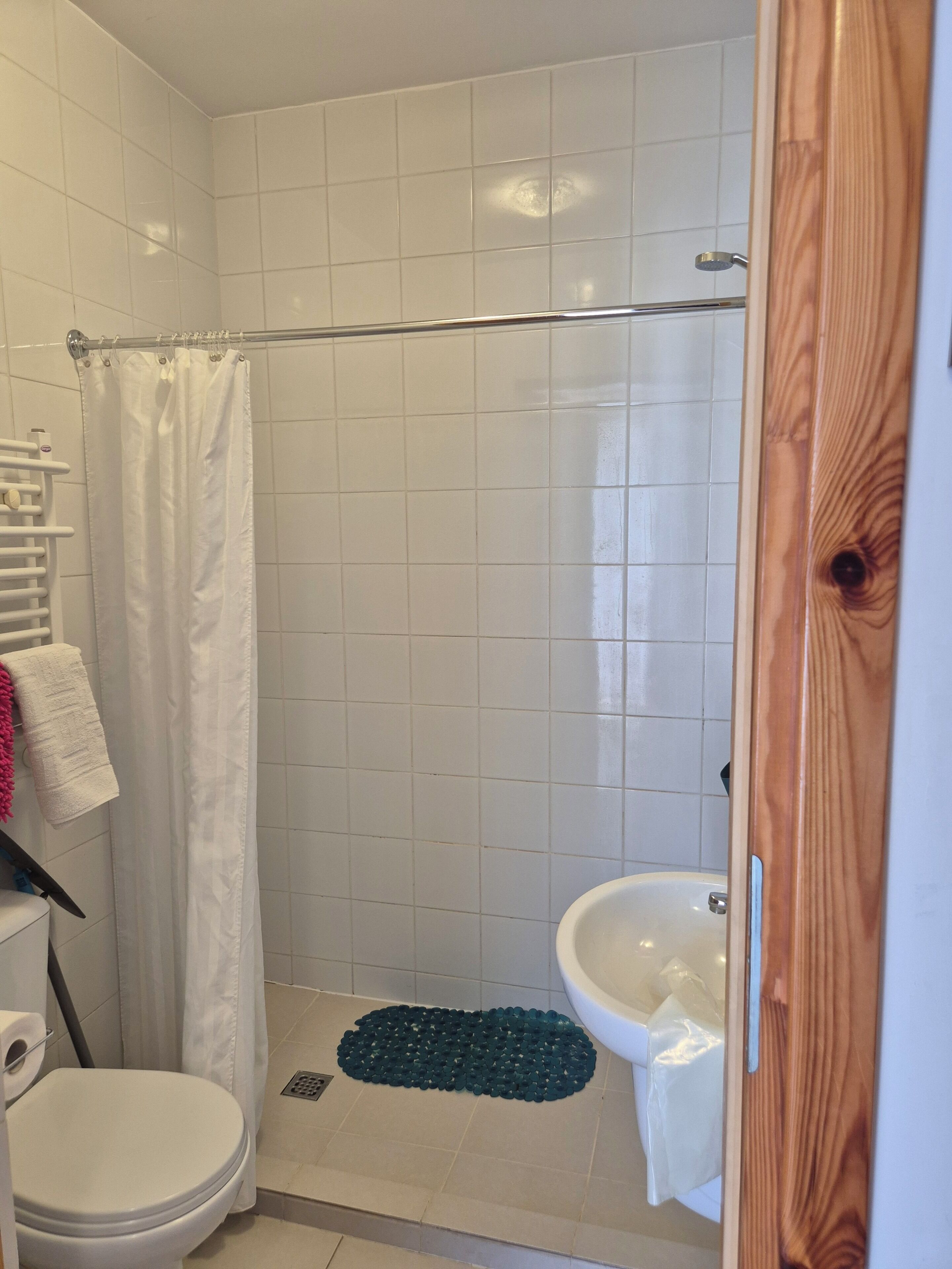 A bathroom with a shower, toilet, and sink.