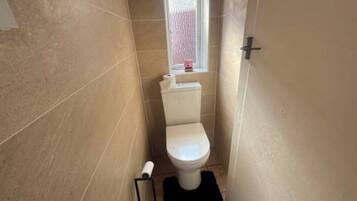Hair dryer, towels, soap, toilet paper