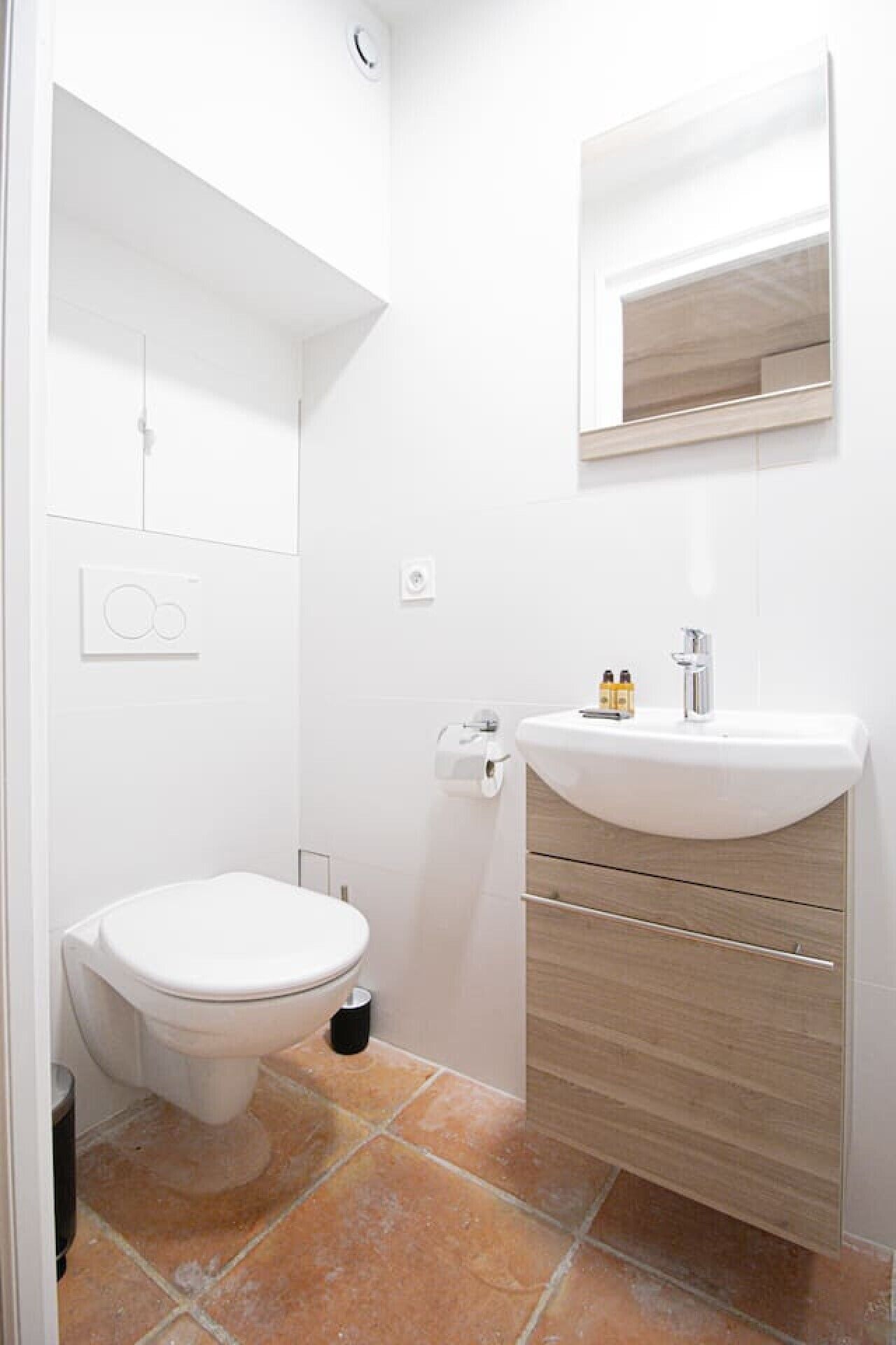 Et badeværelse med toilet, håndvask og spejl.