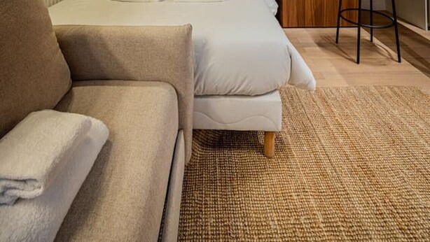 A modern bedroom with a bed, a sofa, a stool, and a wooden wall panel. - Studio for 2 People #Île Saint-Louis #Along the Seine, Near Notre Dame (Paris)