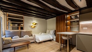 A modern, compact living space with a sofa, bed, and kitchenette. - Studio for 2 People #Île Saint-Louis #Along the Seine, Near Notre Dame (Paris)