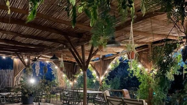 An outdoor seating area with tables and chairs, surrounded by greenery and under a wooden pergola.