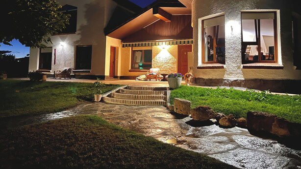 Een modern huis met een pad van stenen dat naar de ingang leidt, een goed verlichte veranda en een hond in de voorgrond.