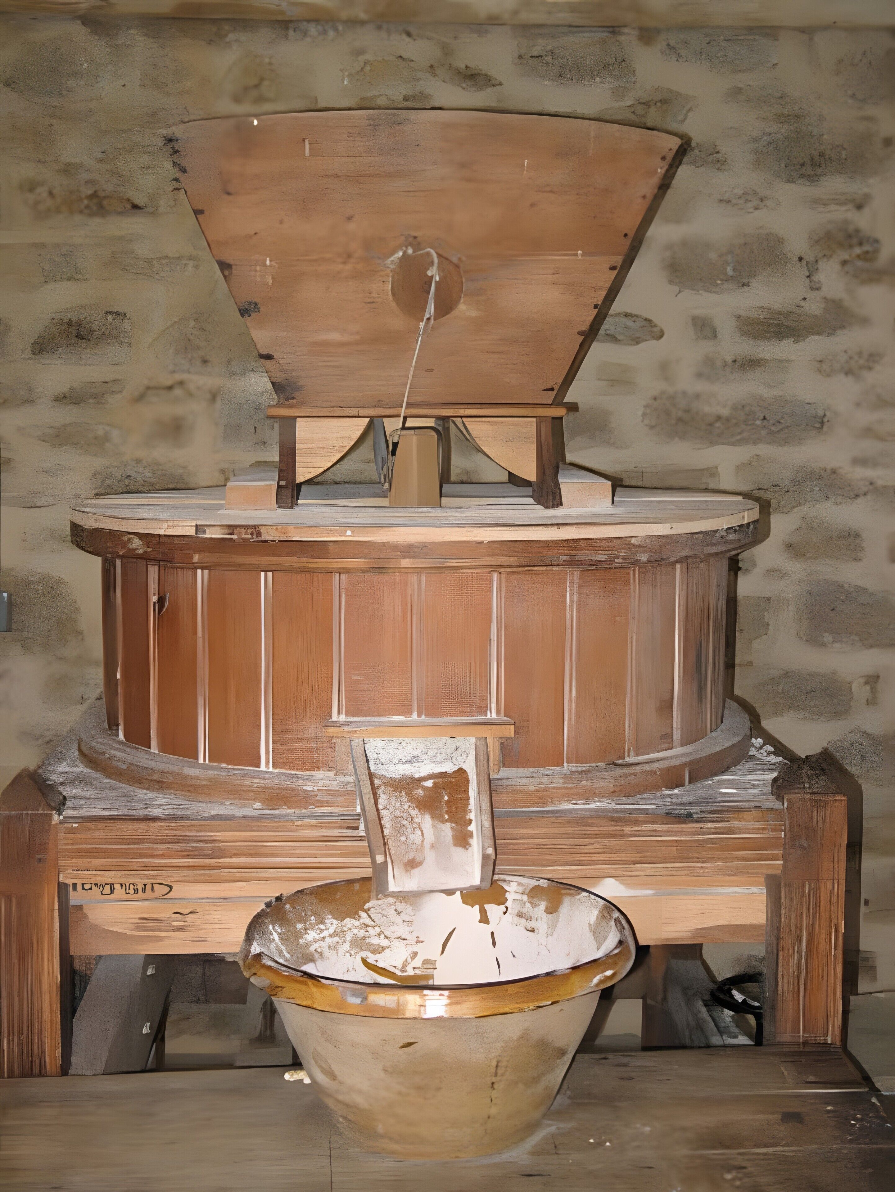 Une structure en bois avec une partie supérieure en forme d’entonnoir, un corps cylindrique central et un réceptacle en forme de bol à la base.
