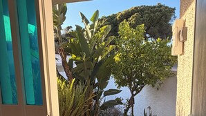 Une porte ouverte donnant sur un patio avec un sol carrelé, un petit arbre et un mur blanc.