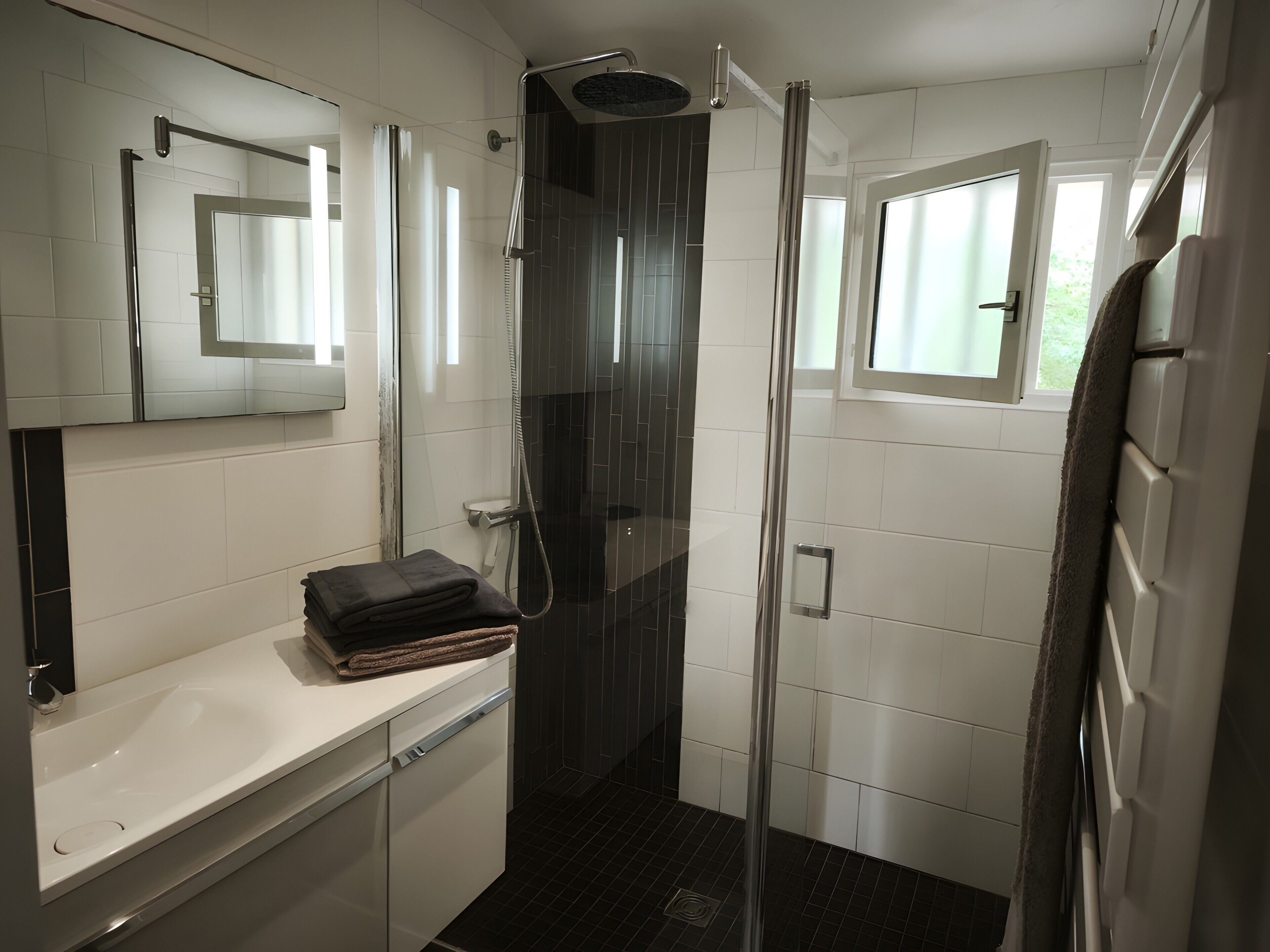 Shower, hair dryer, towels