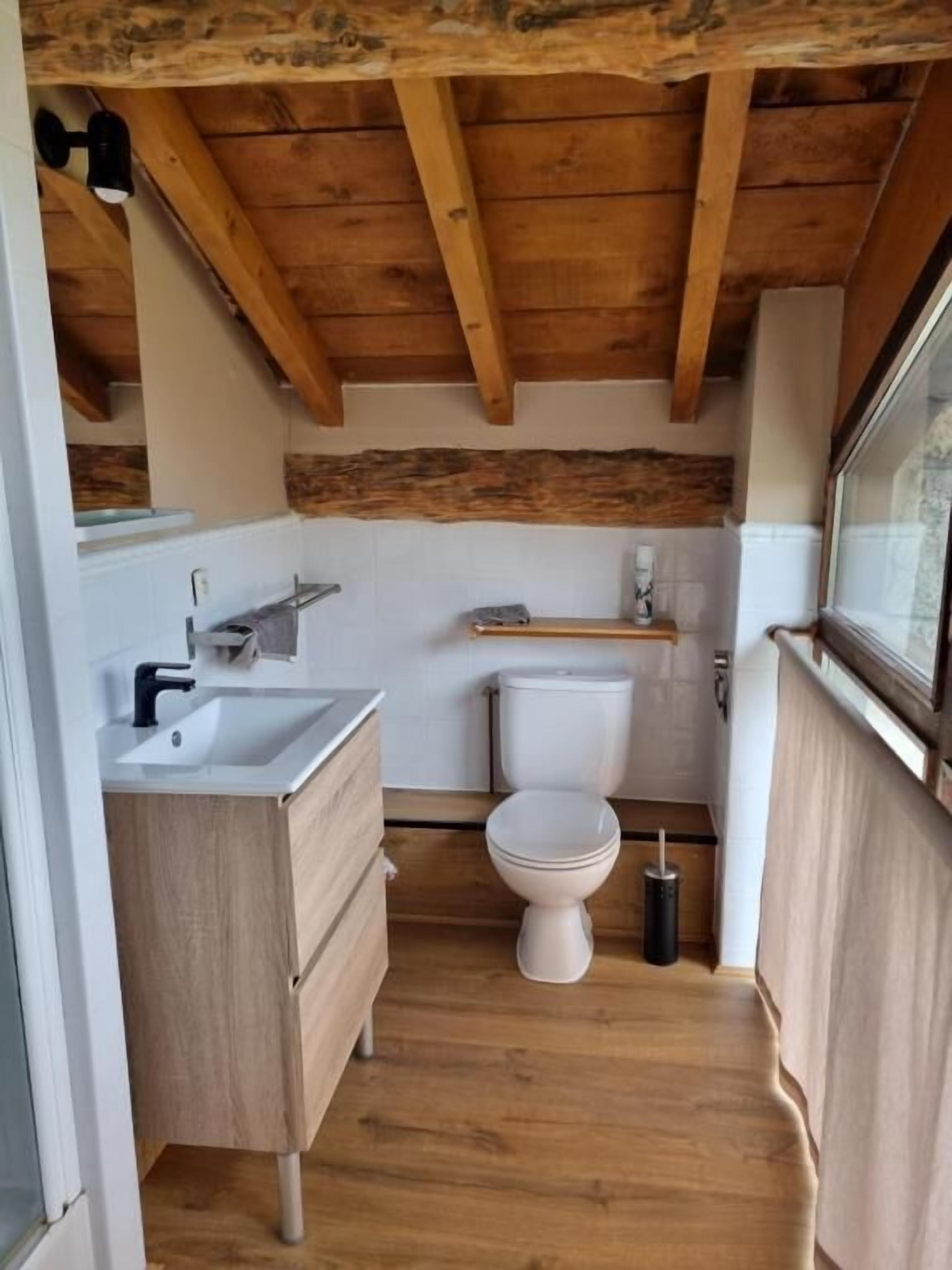Une petite salle de bain avec un plafond en bois, un lavabo blanc, des toilettes et une fenêtre.