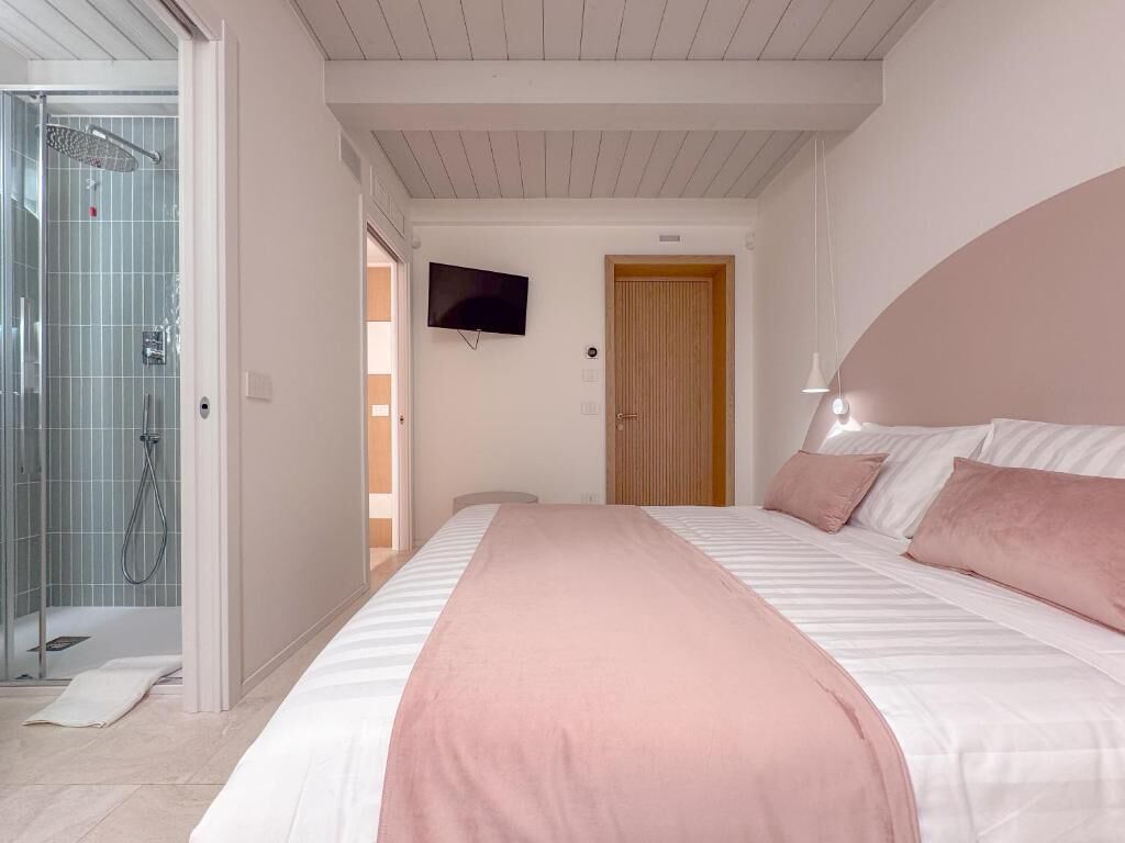 Un dormitorio con cama, televisor, puerta de madera y zona de ducha.