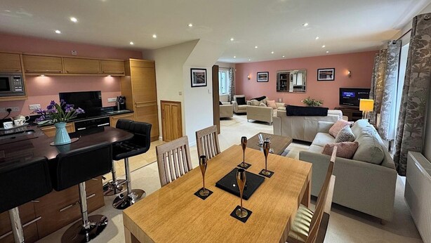 Una sala de estar moderna con comedor, cocina y televisor.
