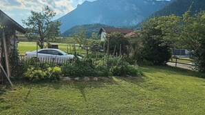 Landskab med hvide biler parkeret i græs, en bygning med rødt tag og et bjerg i baggrunden.