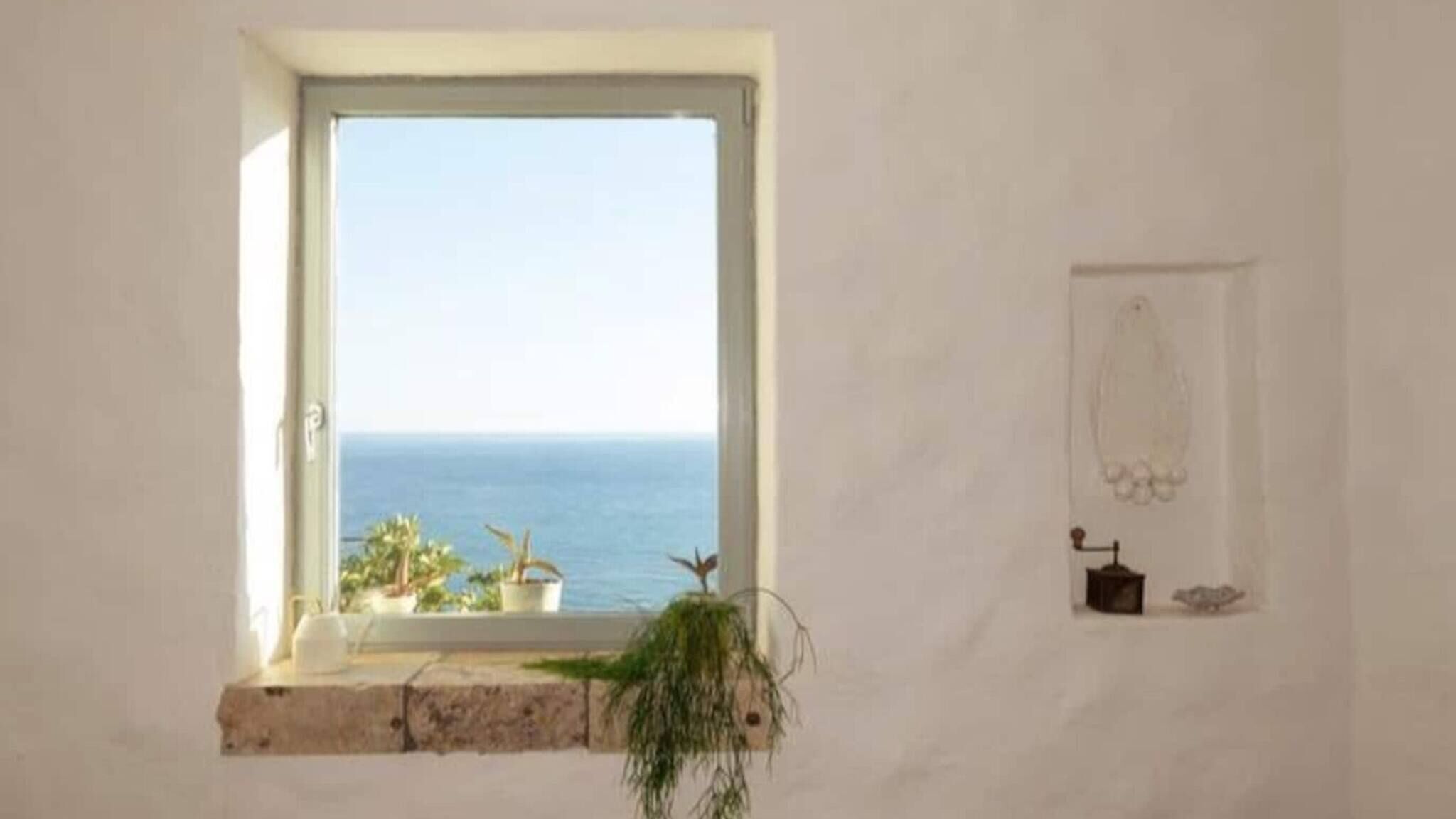 Une pièce avec une fenêtre donnant sur la mer, une petite étagère avec une plante et un tableau encadré au mur.