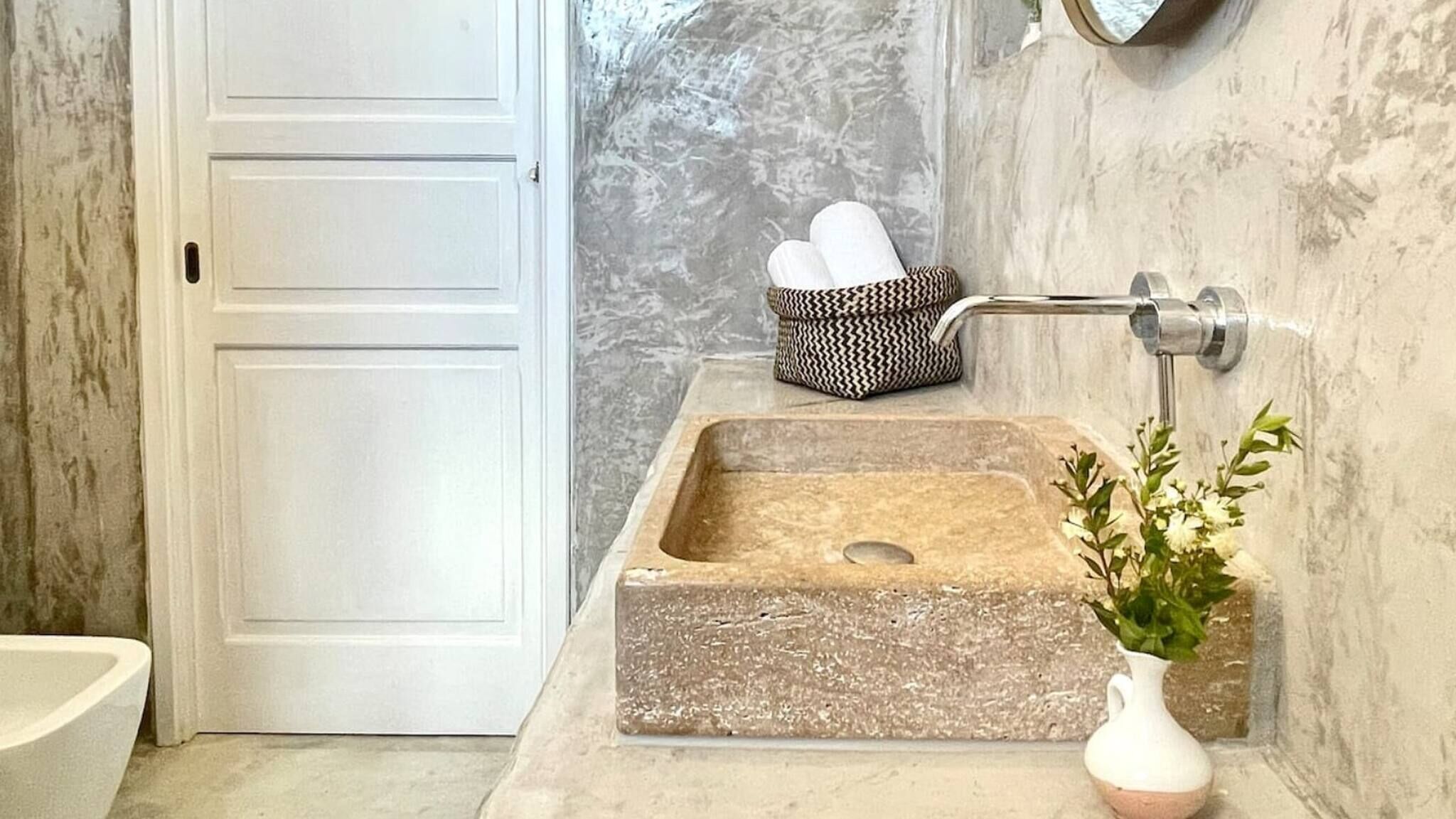 A bathroom with a stone sink, a white door, and a small plant.