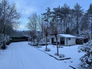A snow-covered residential area with a road, a small white building with a black door, and snow-covered trees. - Cozy Holiday Home in Stegeren (Stegeren)