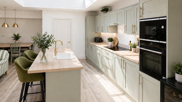 Una cocina moderna con tragaluces, suelo de madera y armarios de colores claros.