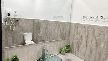 Shower, hair dryer, bidet, towels