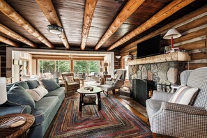 Fernseher, Kamin, Bücher, Arbeitsbereiche
