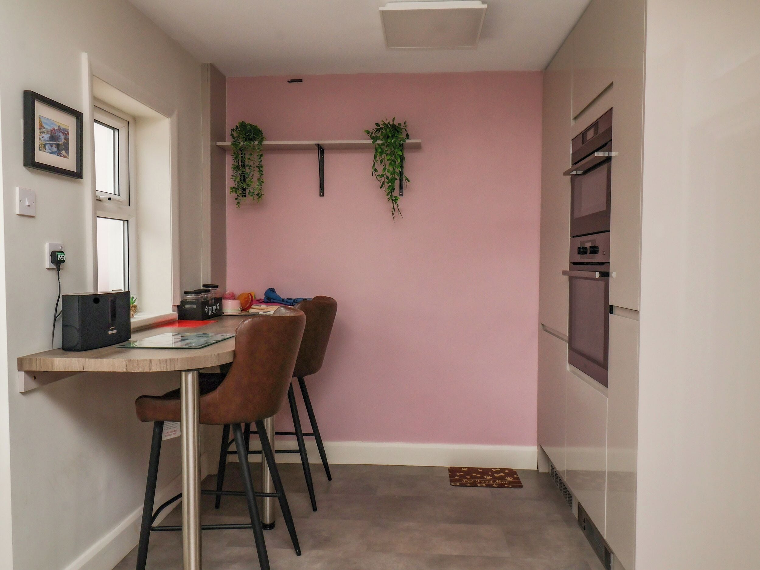 A kitchen with a pink wall, two hanging plants, a dining table with chairs, and a refrigerator.