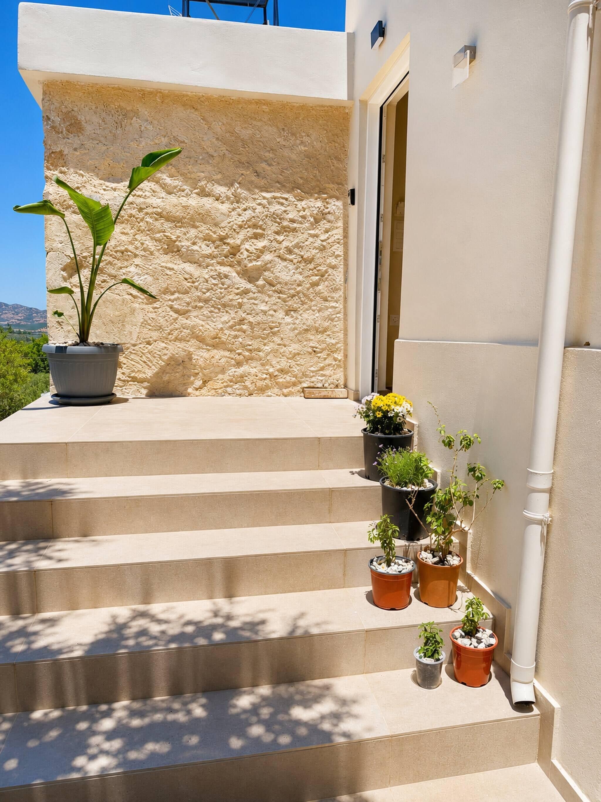 Un conjunto de escalones exteriores que conducen a la entrada de un edificio, con plantas en macetas y un muro de piedra.