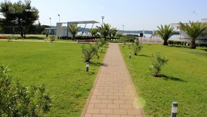 Un sendero atraviesa un área verde bien cuidada, con plantas pequeñas y un cielo despejado.