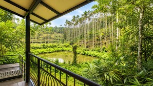 A covered outdoor area with a view of a pond surrounded by dense greenery and tall trees.