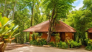 A bungalow with a tiled roof, surrounded by lush greenery and trees.