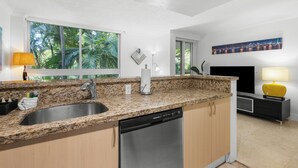 A modern kitchen with granite countertops, a dishwasher, and a large window with a view of palm trees. - Modern 2BR Grove Condo w/ King & Balcony (Miami)