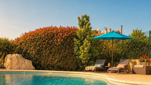 A clear swimming pool with lounge chairs and a blue umbrella, surrounded by a hedge and a rock. - Bas de Villa Lola Avec Piscine (Six-Fours-les-Plages)