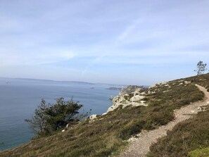 Paisagem costeira com um caminho pedregoso que leva ao mar, rodeado por vegetação rasteira e vistas distantes da costa.