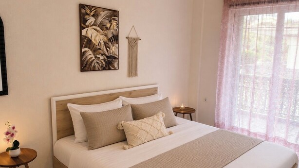 Una cama bien tendida con cabecera, una obra de arte en la pared, una mesita con una vela y una ventana con cortinas translúcidas.