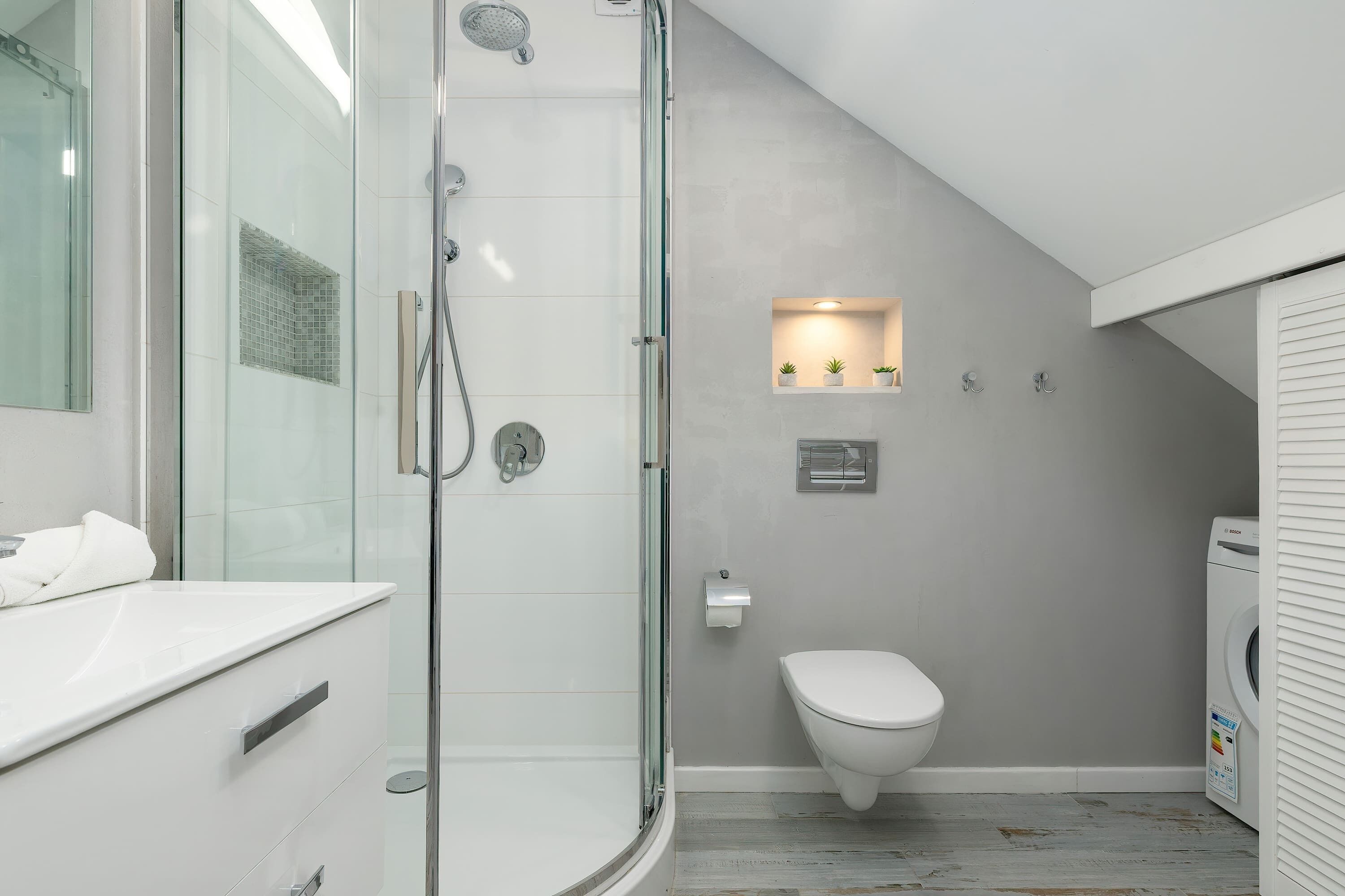 Shower, hair dryer, towels, shampoo