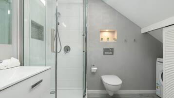 Shower, hair dryer, towels, shampoo