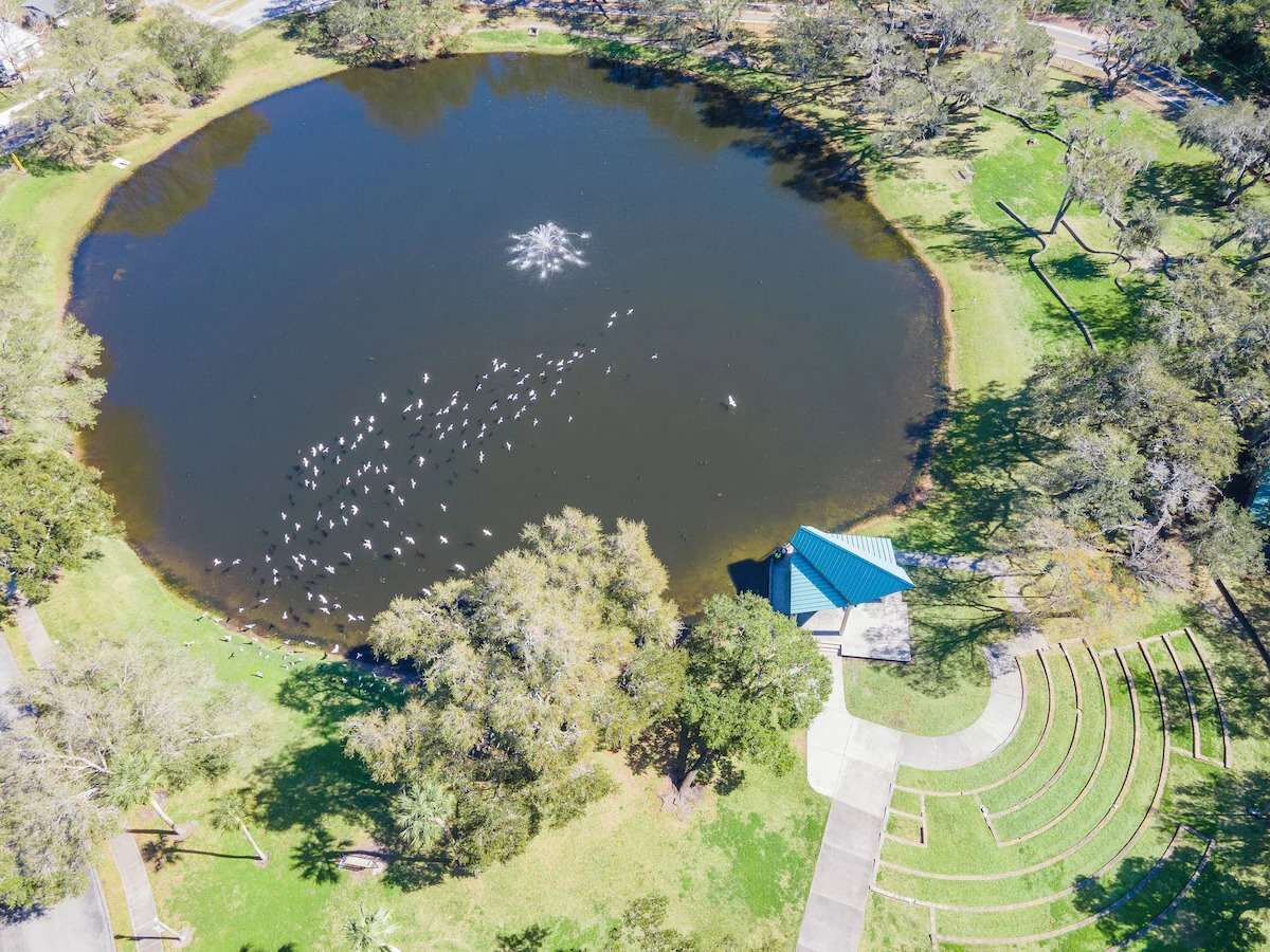 Une vue aérienne d’un parc avec un étang, des arbres et un bâtiment doté d’un toit bleu.