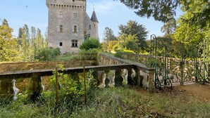 Eine historische Burg aus Stein mit einem Turm, umgeben von üppigem Grün und einer Steinbrücke.