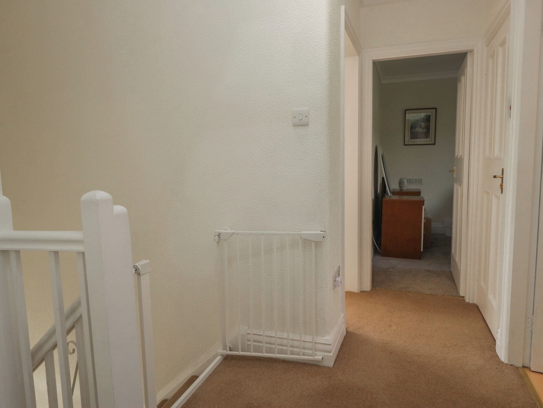 A hallway with a white railing, a white door, and a beige carpet.